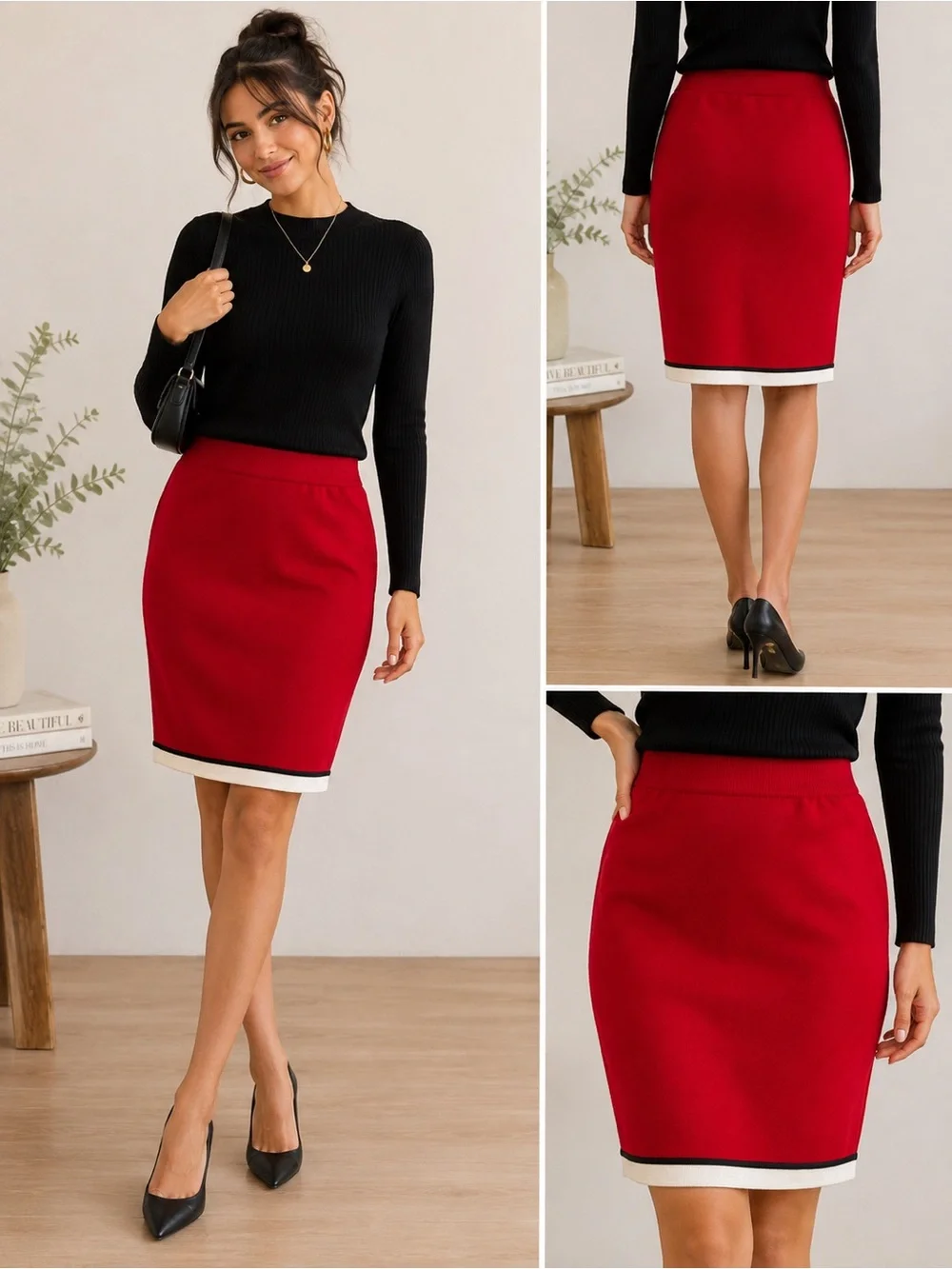 St. John Red Pencil Skirt with White Contrast Hem and Black Trim Size 8